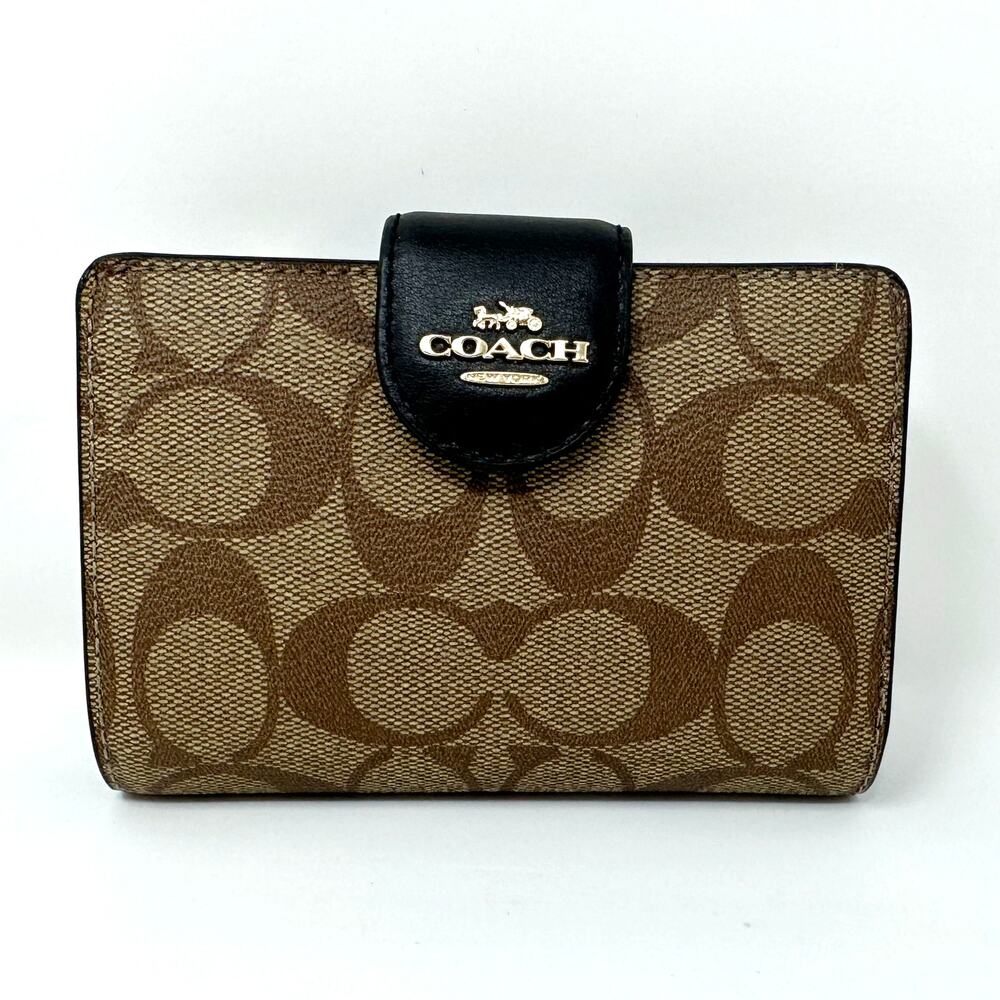 Coach Medium Corner Zip Wallet In Signature Canvas Khaki Black C0082